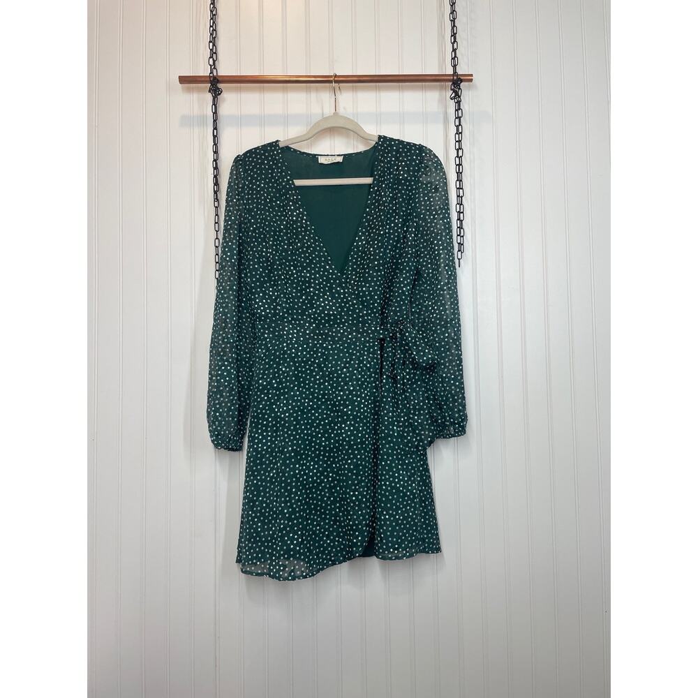 Sage The Label Womens Green V-Neck Polka Dot Embroidered Mini Wrap Dress Size S
